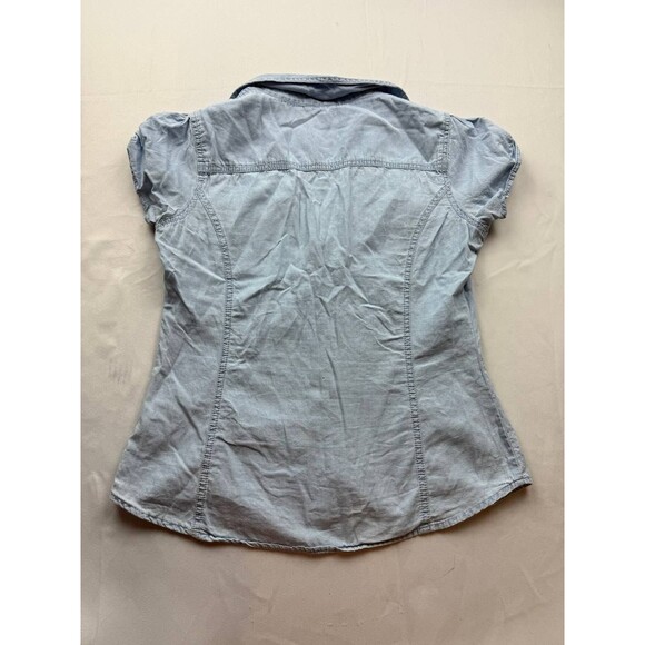 Guess Women Medium Y2K 90s Denim Chambray Shirt Blouse Top Blue Short Sleeve - Picture 5 of 6